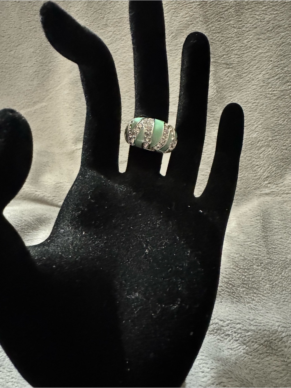 Vintage 1990’s Mint Green and Clear Rhinestones Silver Tone Dome Ring